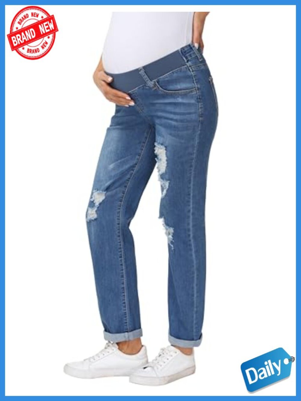 Maternity Boyfriend Ripped Jeans | Stretchy Low Rise Denim Pants with Pockets